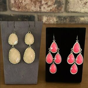 Pink coral and beige yellow color cabochon dangle earrings.